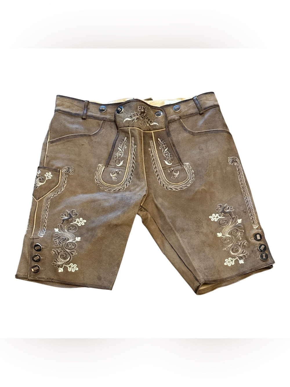 Embroidered Suede Lederhosen Shorts in Brown NWOT Size 52 Men 100% Leather